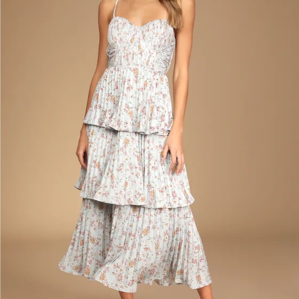 NWT Lulus - Cascading Crush Pale Blue Floral Print Tiered Bustier Midi Dress